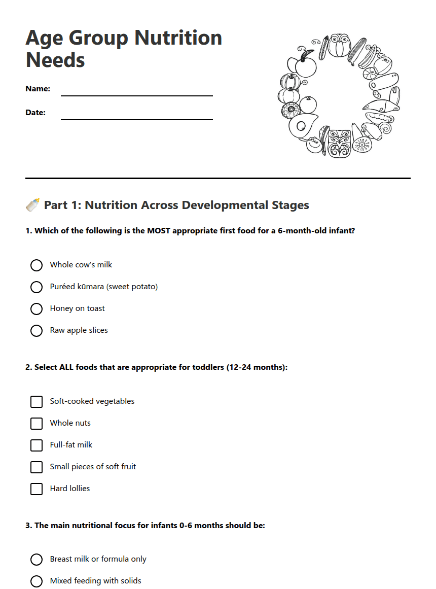 Age Group Nutrition Needs worksheet preview