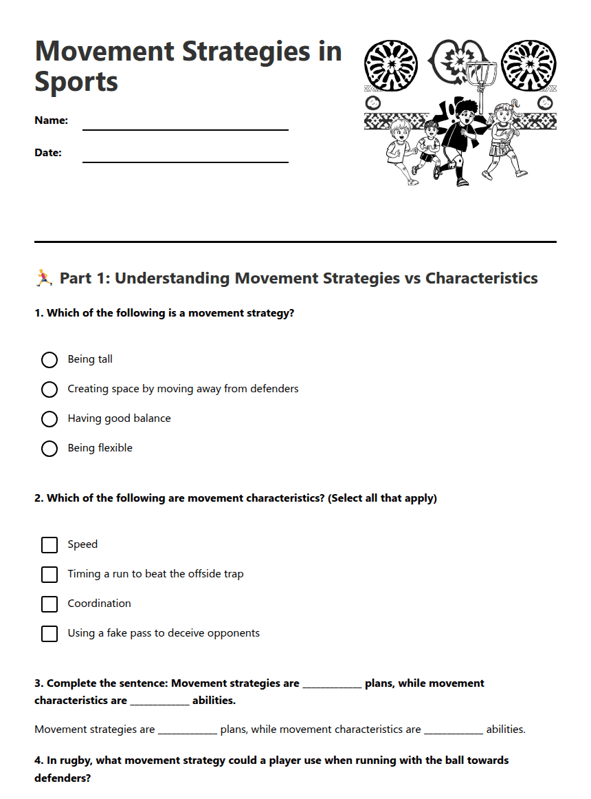 Movement Strategies in Sports worksheet preview
