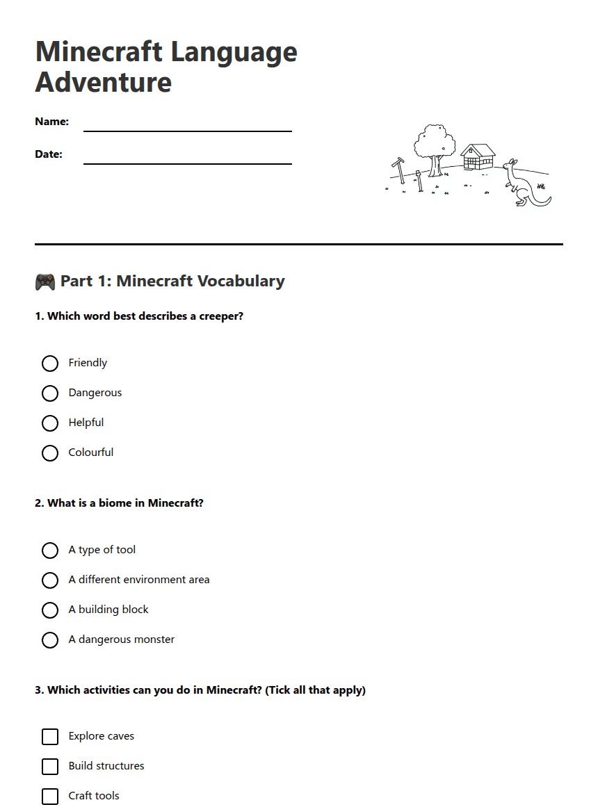 Minecraft Language Adventure worksheet preview