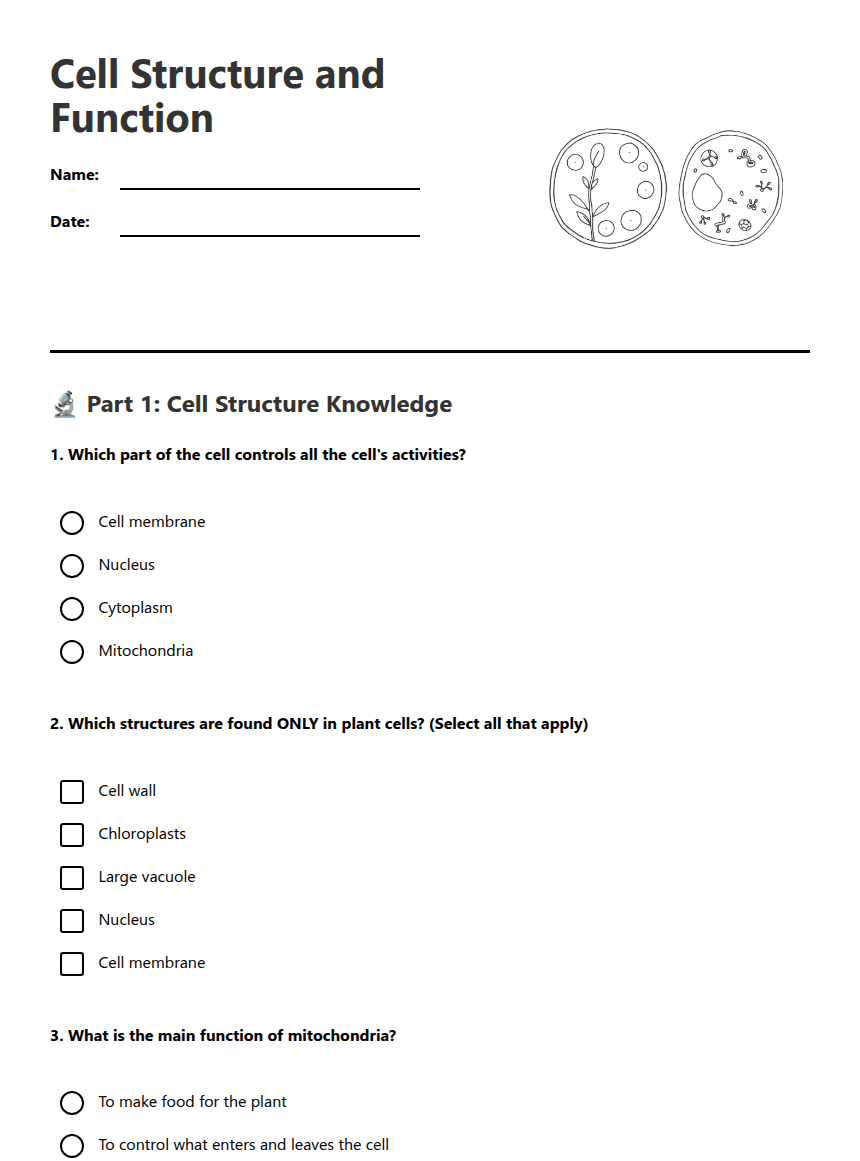 Cell Structure and Function worksheet preview