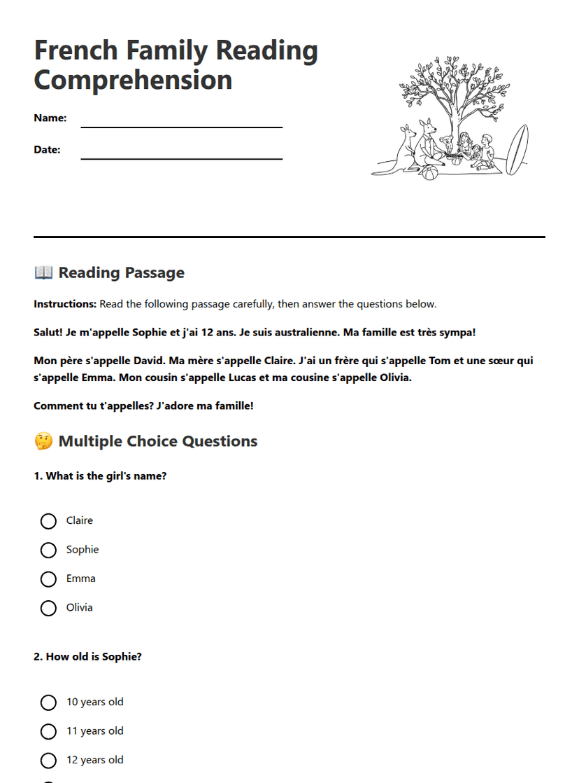 French Family Reading Comprehension