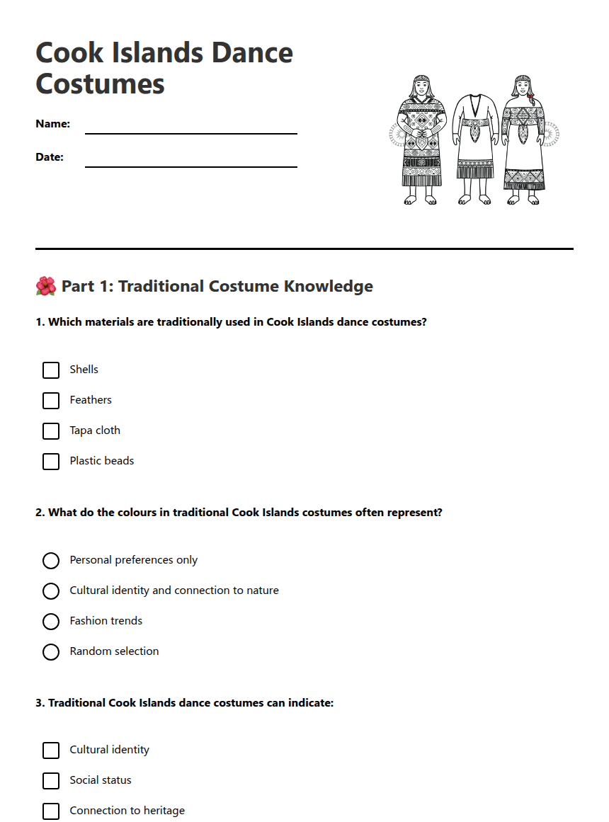 Cook Islands Dance Costumes worksheet preview