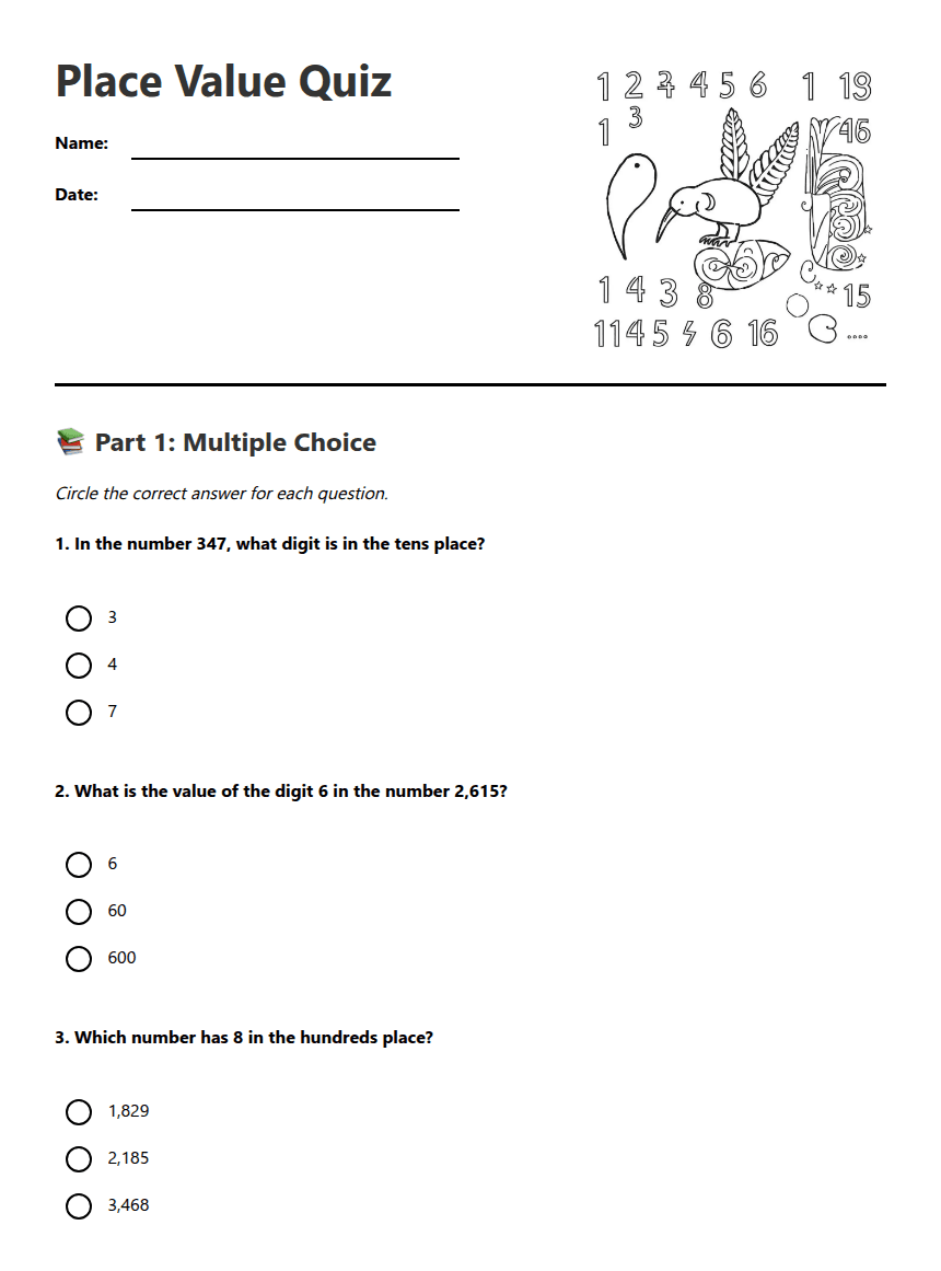 Place Value Quiz worksheet preview