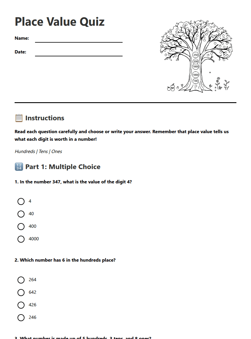 Place Value Quiz worksheet preview