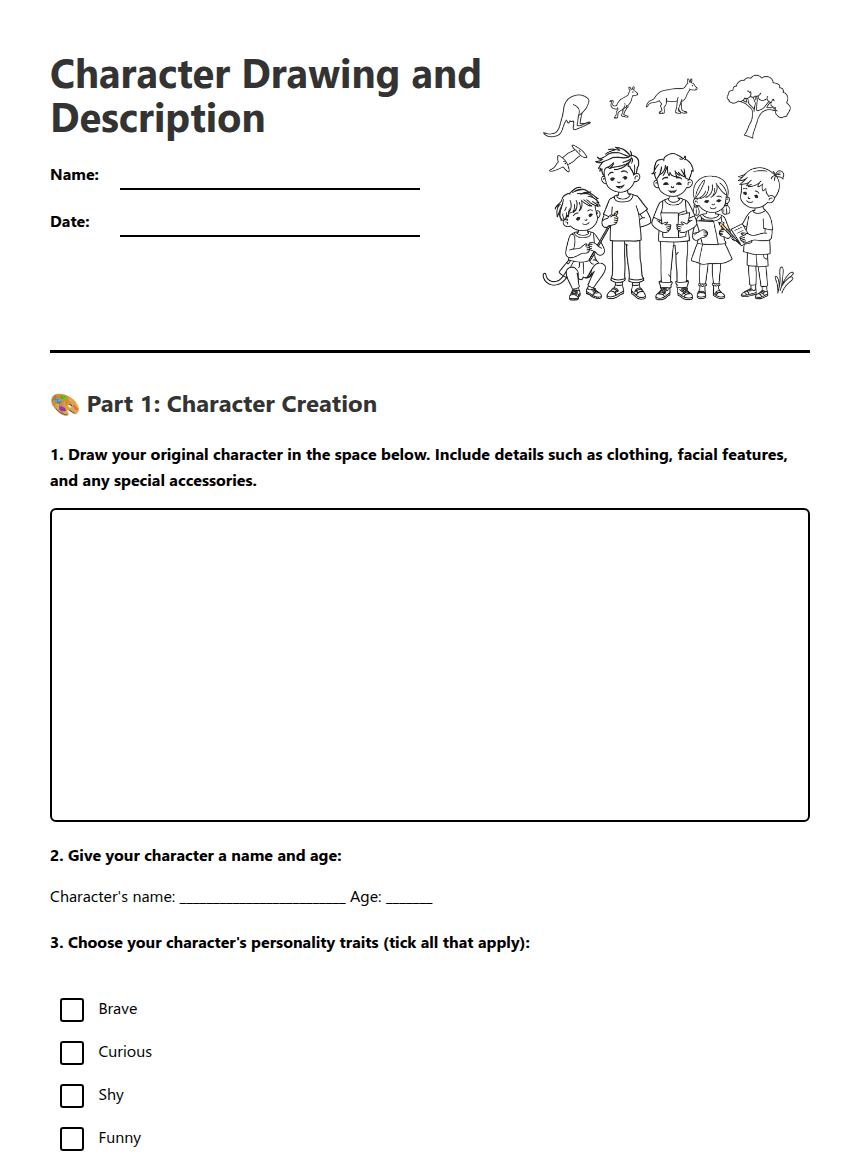 Character Drawing and Description worksheet preview