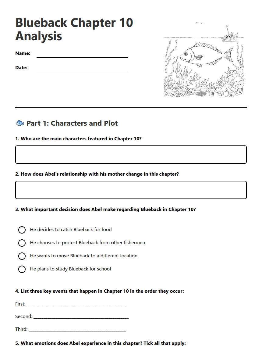 Blueback Chapter 10 Analysis worksheet preview