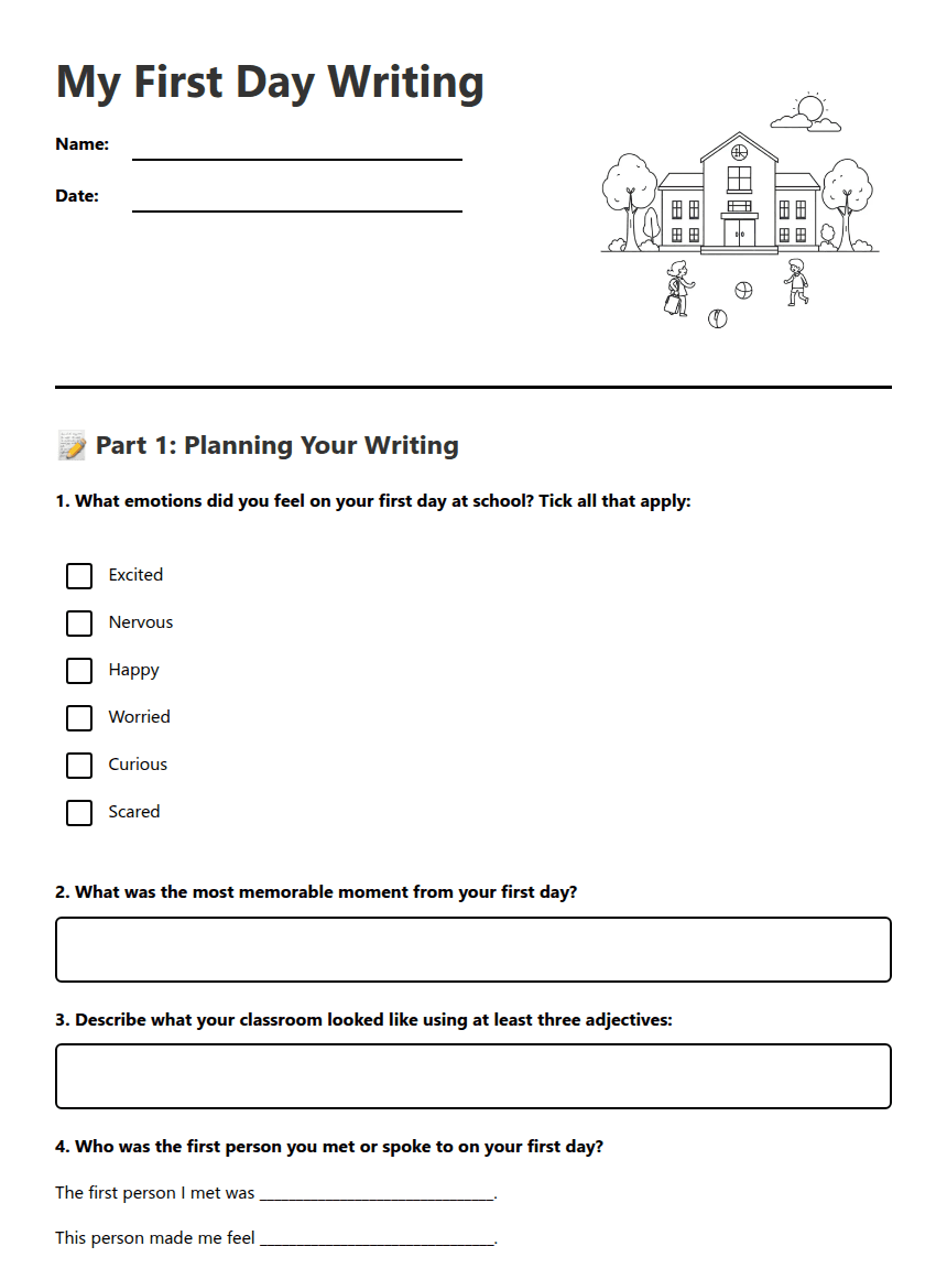 My First Day Writing worksheet preview