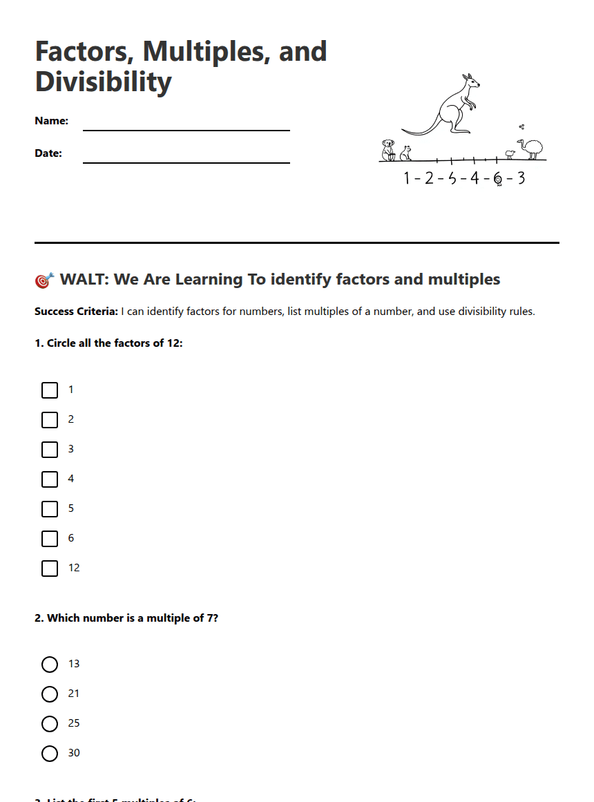 Factors, Multiples, and Divisibility worksheet preview