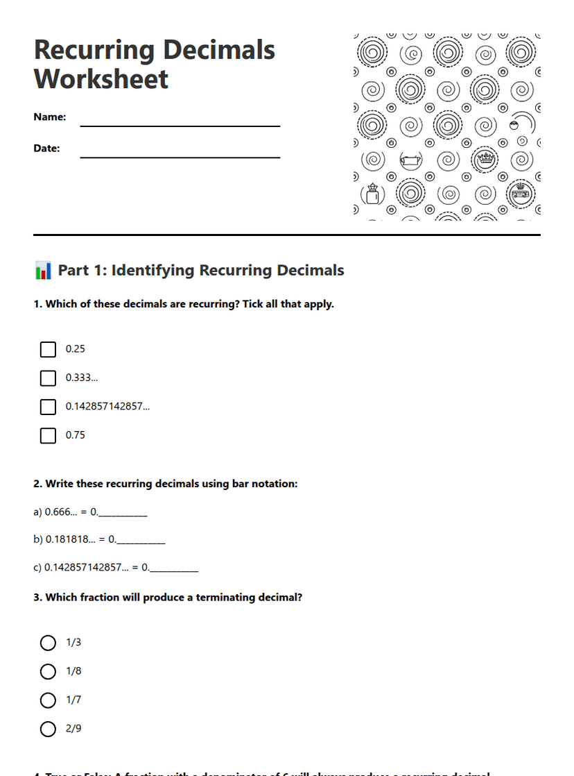 Recurring Decimals Worksheet