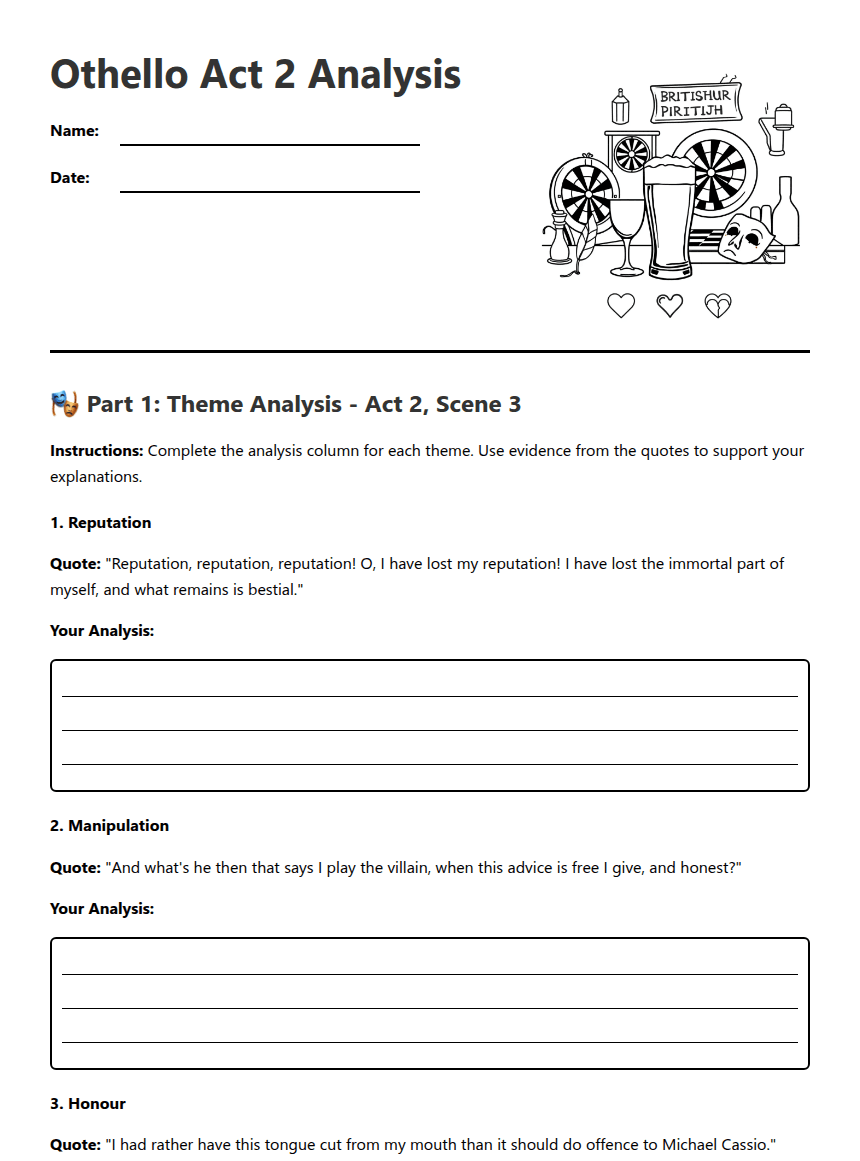 Othello Act 2 Analysis worksheet preview