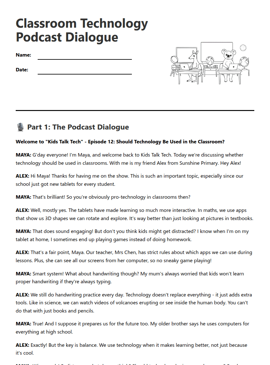 Classroom Technology Podcast Dialogue worksheet preview