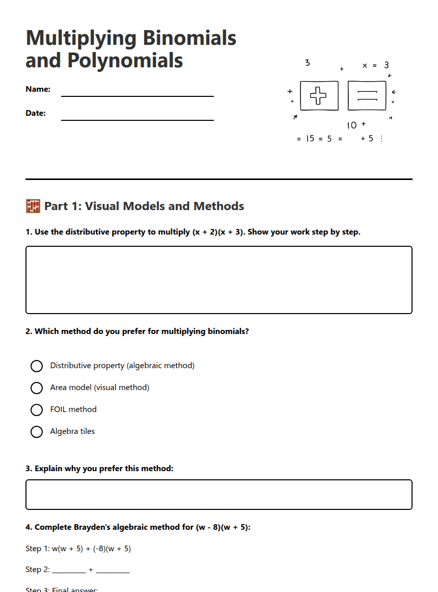 Multiplying Binomials and Polynomials worksheet preview