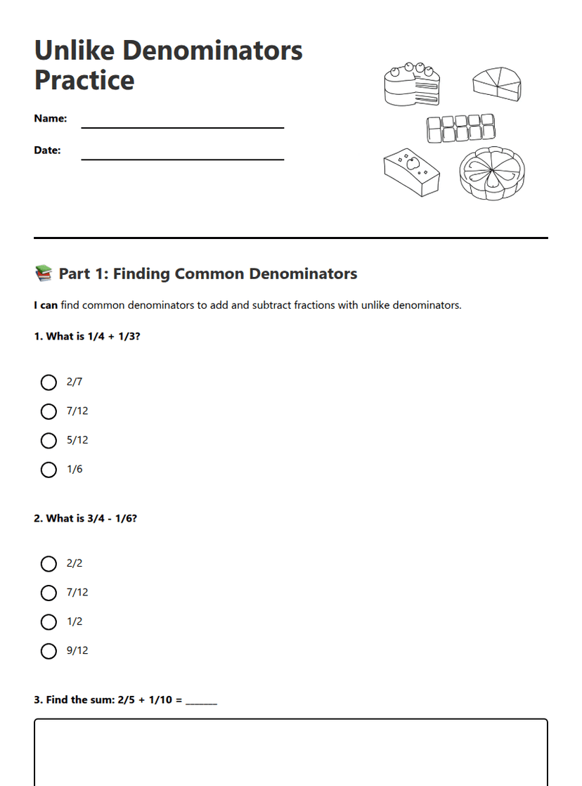 Unlike Denominators Practice