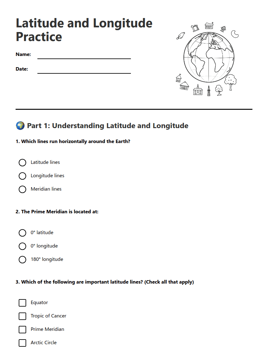 Latitude and Longitude Practice worksheet preview