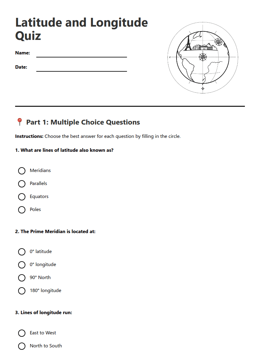 Latitude and Longitude Quiz worksheet preview