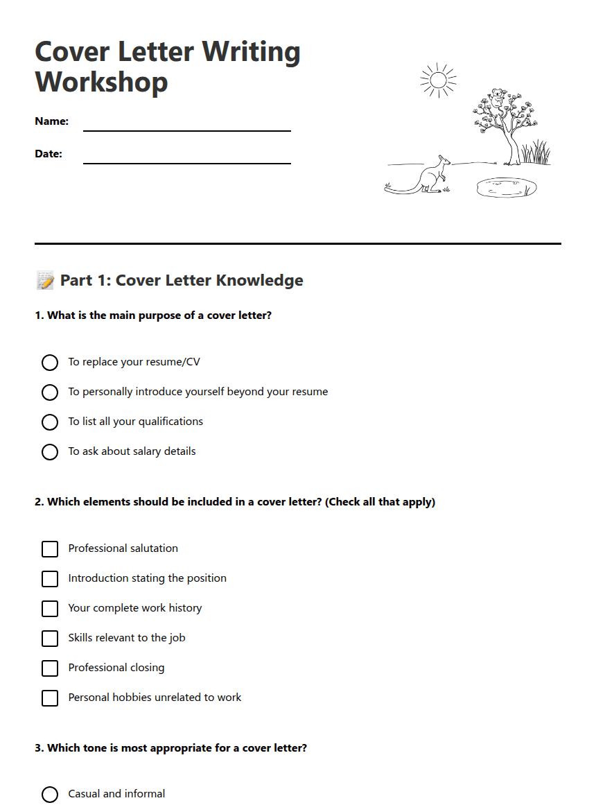 Cover Letter Writing Workshop worksheet preview
