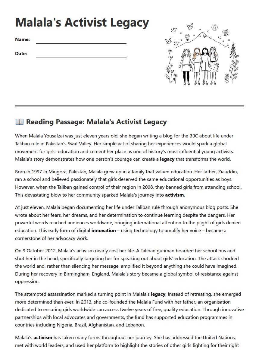 Malala's Activist Legacy worksheet preview