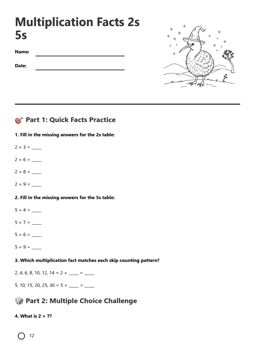 Multiplication Facts 2s 5s worksheet preview