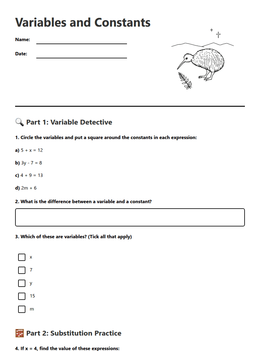 Variables and Constants worksheet preview