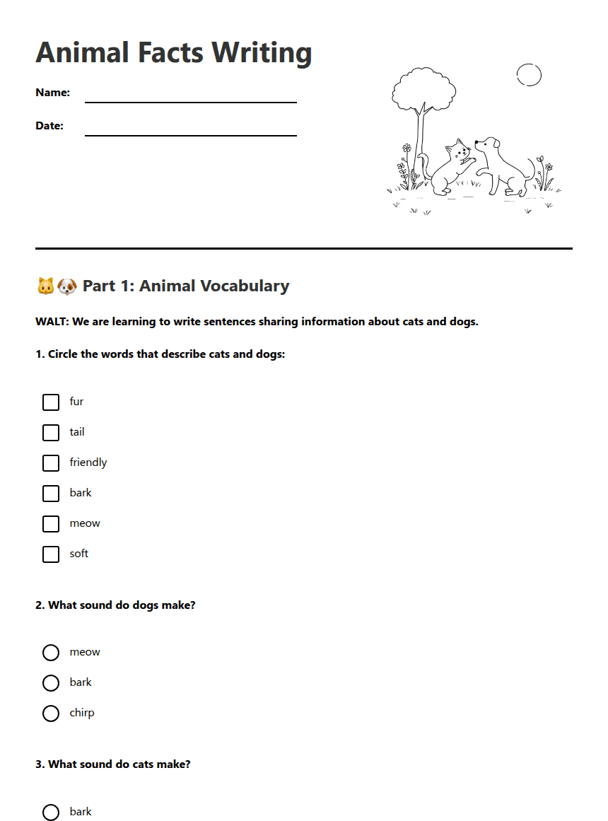 Animal Facts Writing worksheet preview