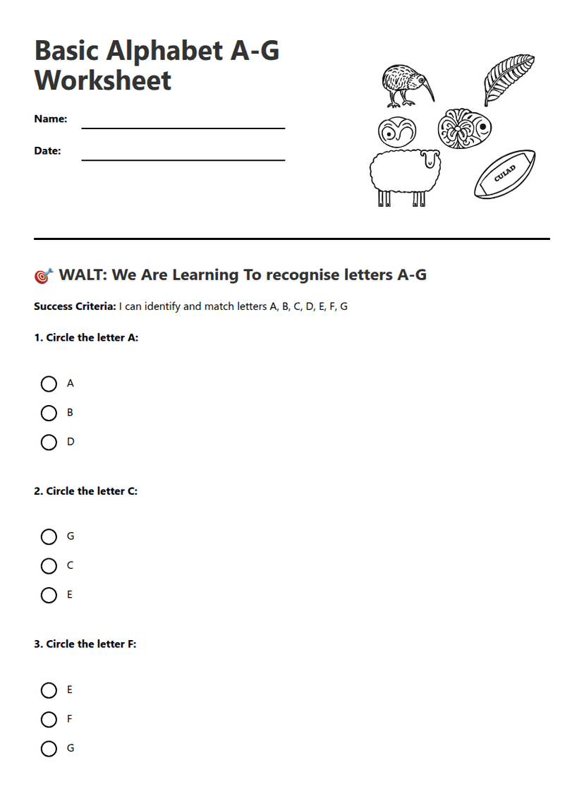 Basic Alphabet A-G Worksheet
