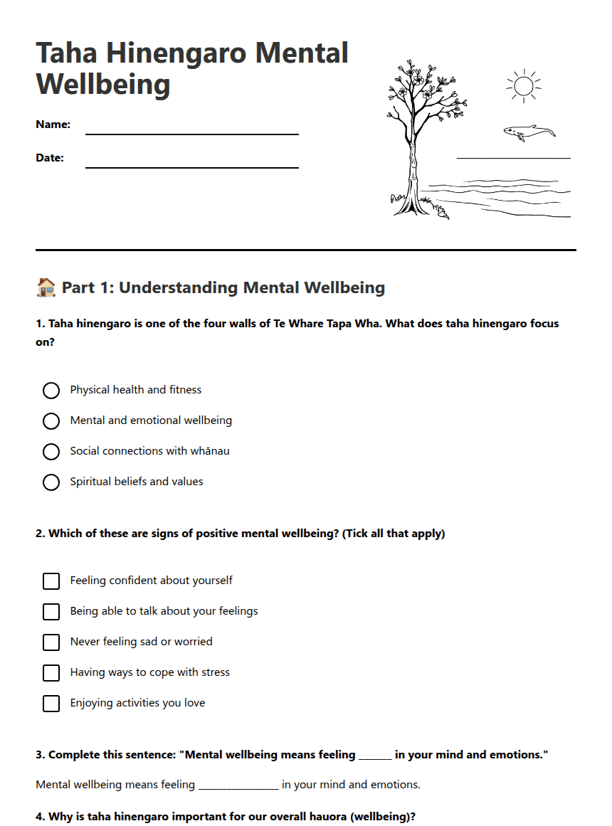 Taha Hinengaro Mental Wellbeing worksheet preview