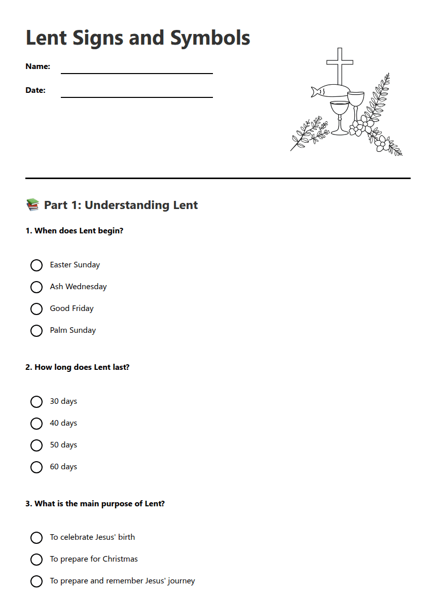 Lent Signs and Symbols worksheet preview