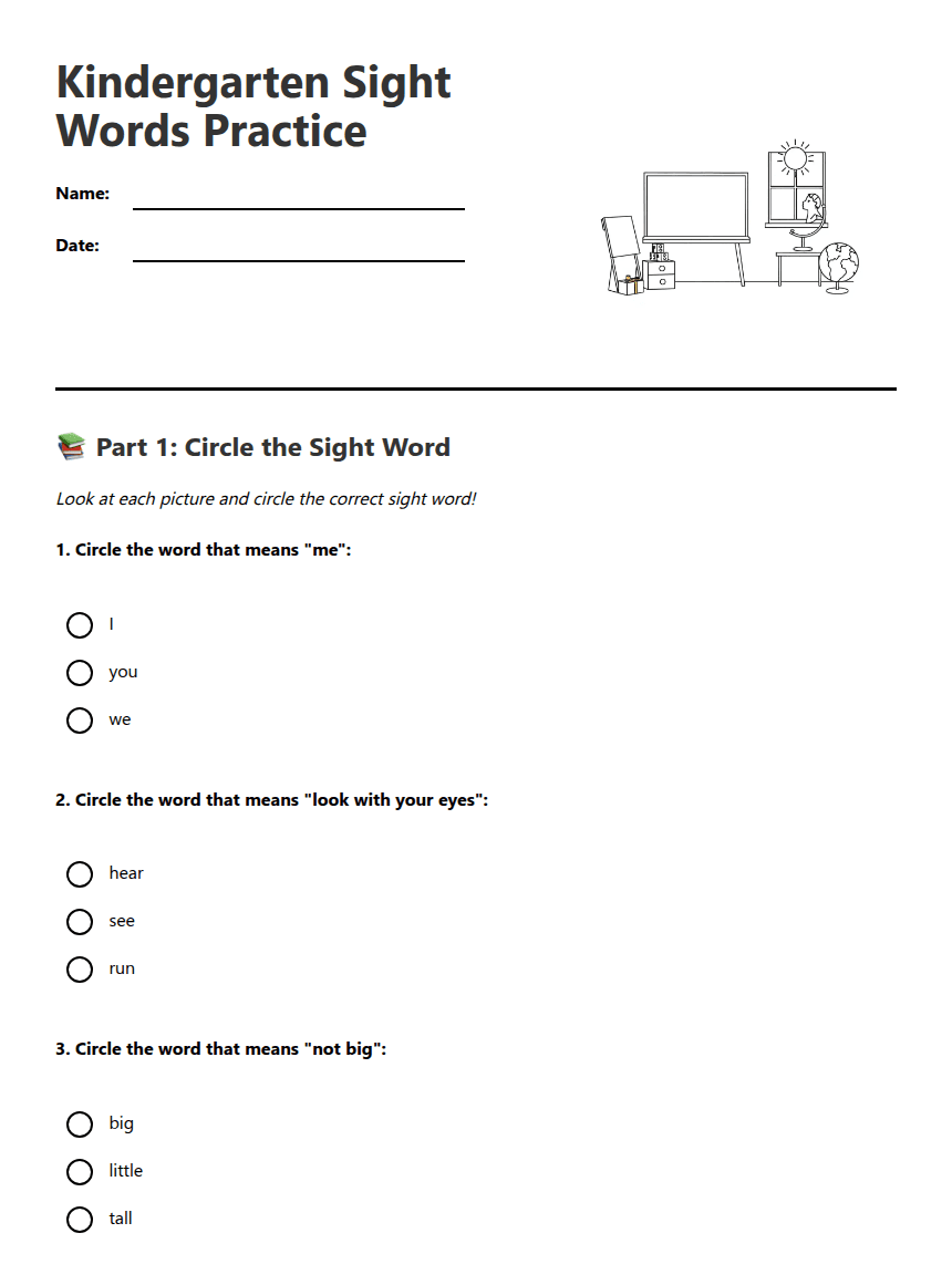 Kindergarten Sight Words Practice worksheet preview