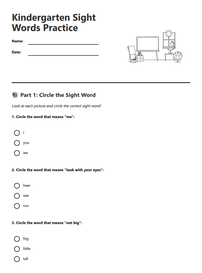 Kindergarten Sight Words Practice