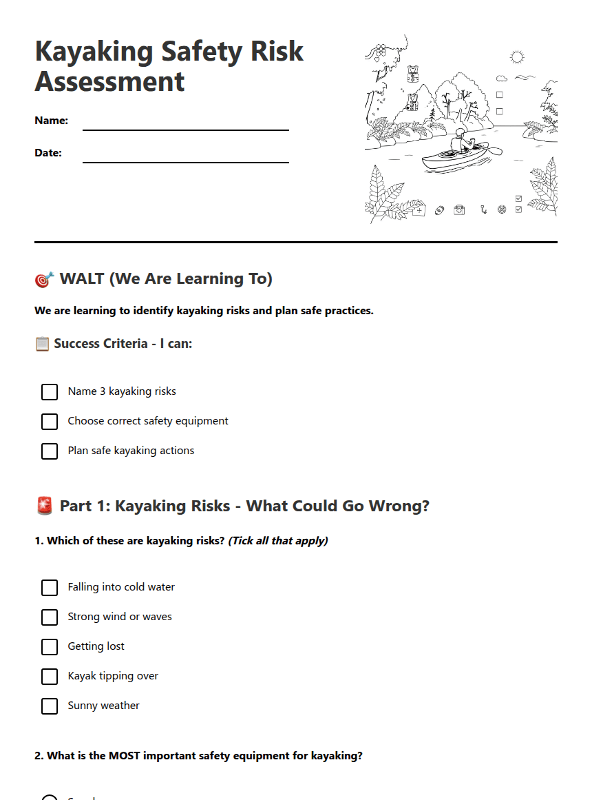 Kayaking Safety Risk Assessment worksheet preview