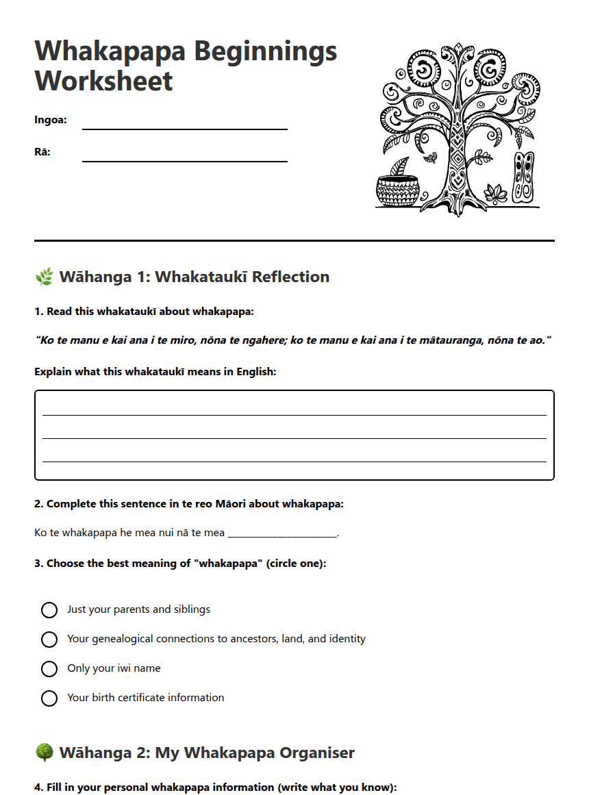 Whakapapa Beginnings Worksheet worksheet preview