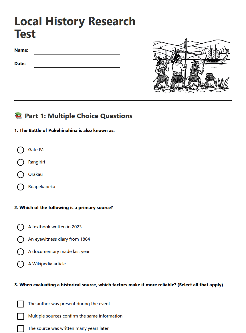 Local History Research Test worksheet preview
