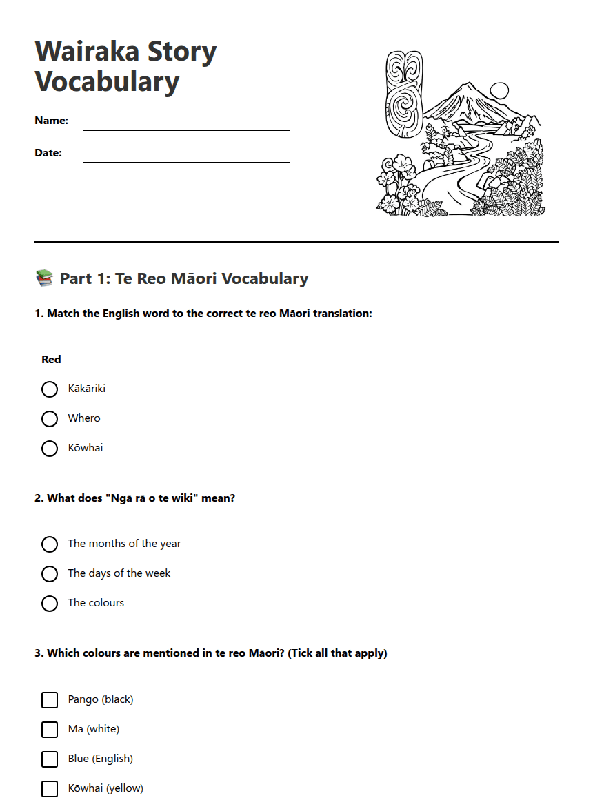 Wairaka Story Vocabulary worksheet preview