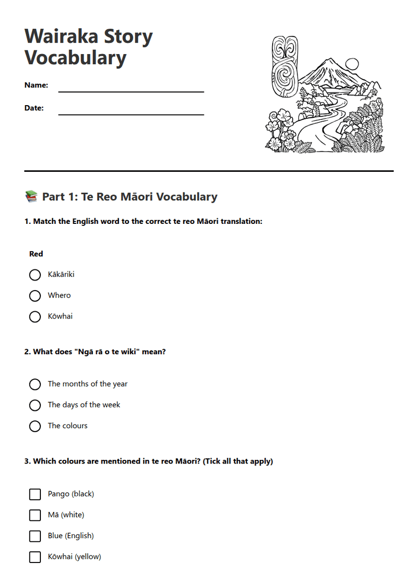 Wairaka Story Vocabulary