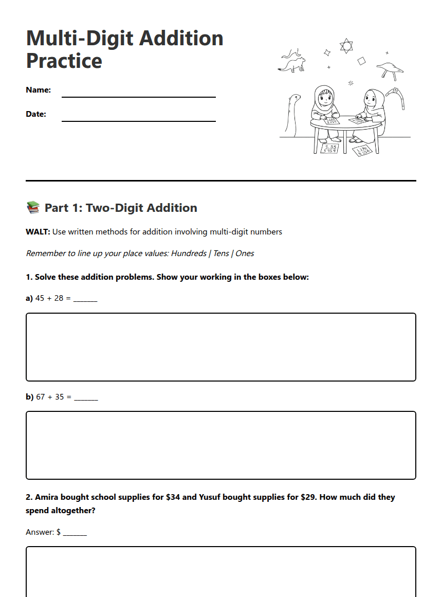 Multi-Digit Addition Practice worksheet preview