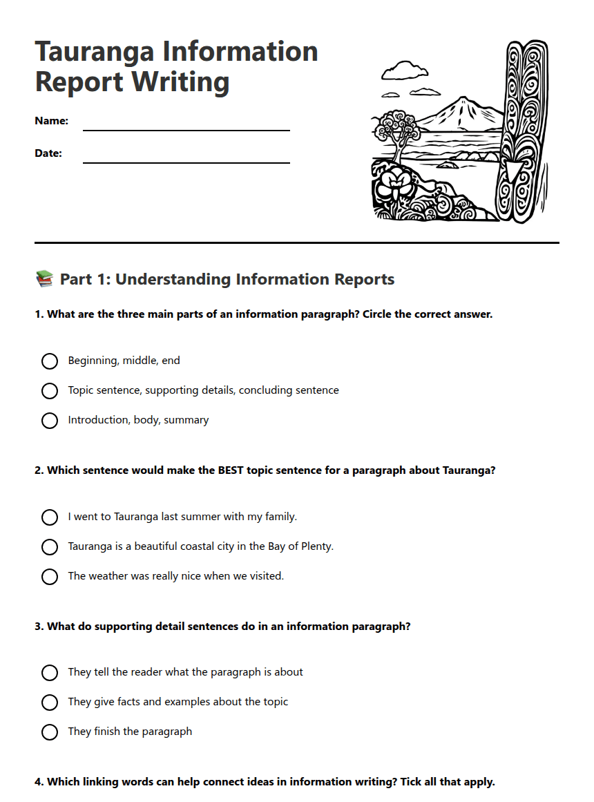 Tauranga Information Report Writing worksheet preview