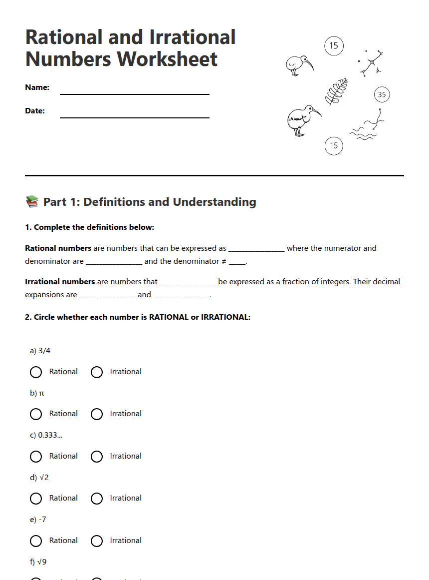 Rational Irrational Numbers Worksheet worksheet preview