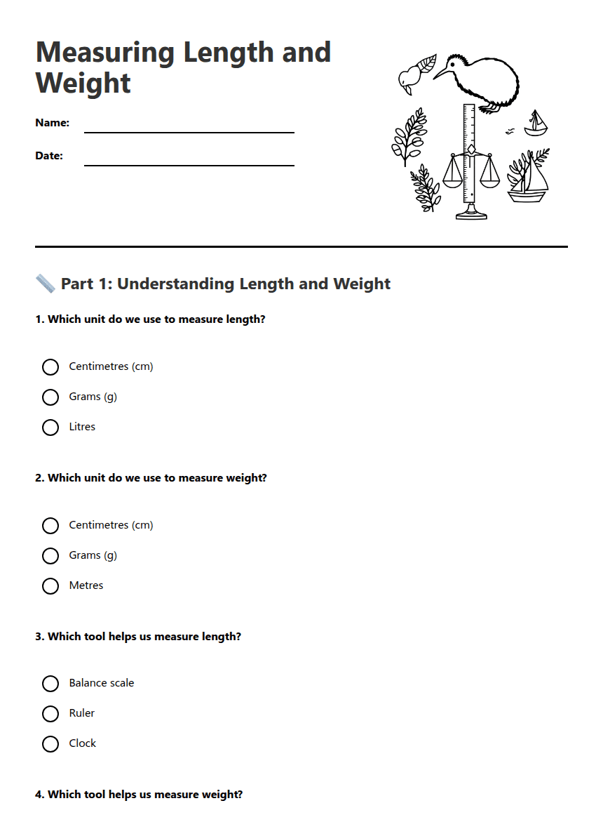 Measuring Length and Weight worksheet preview