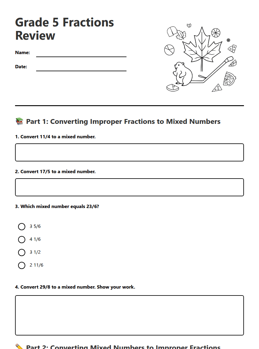 Grade 5 Fractions Review worksheet preview
