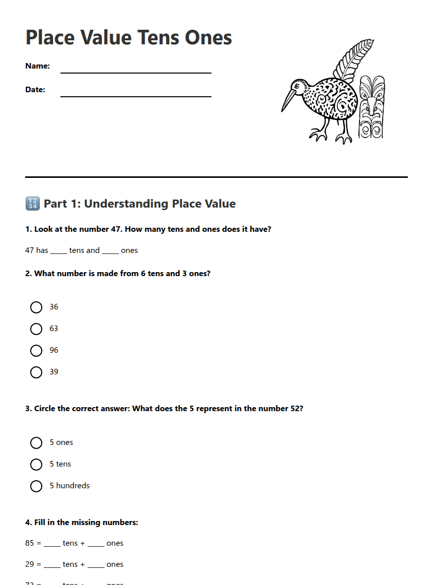 Place Value Tens Ones worksheet preview