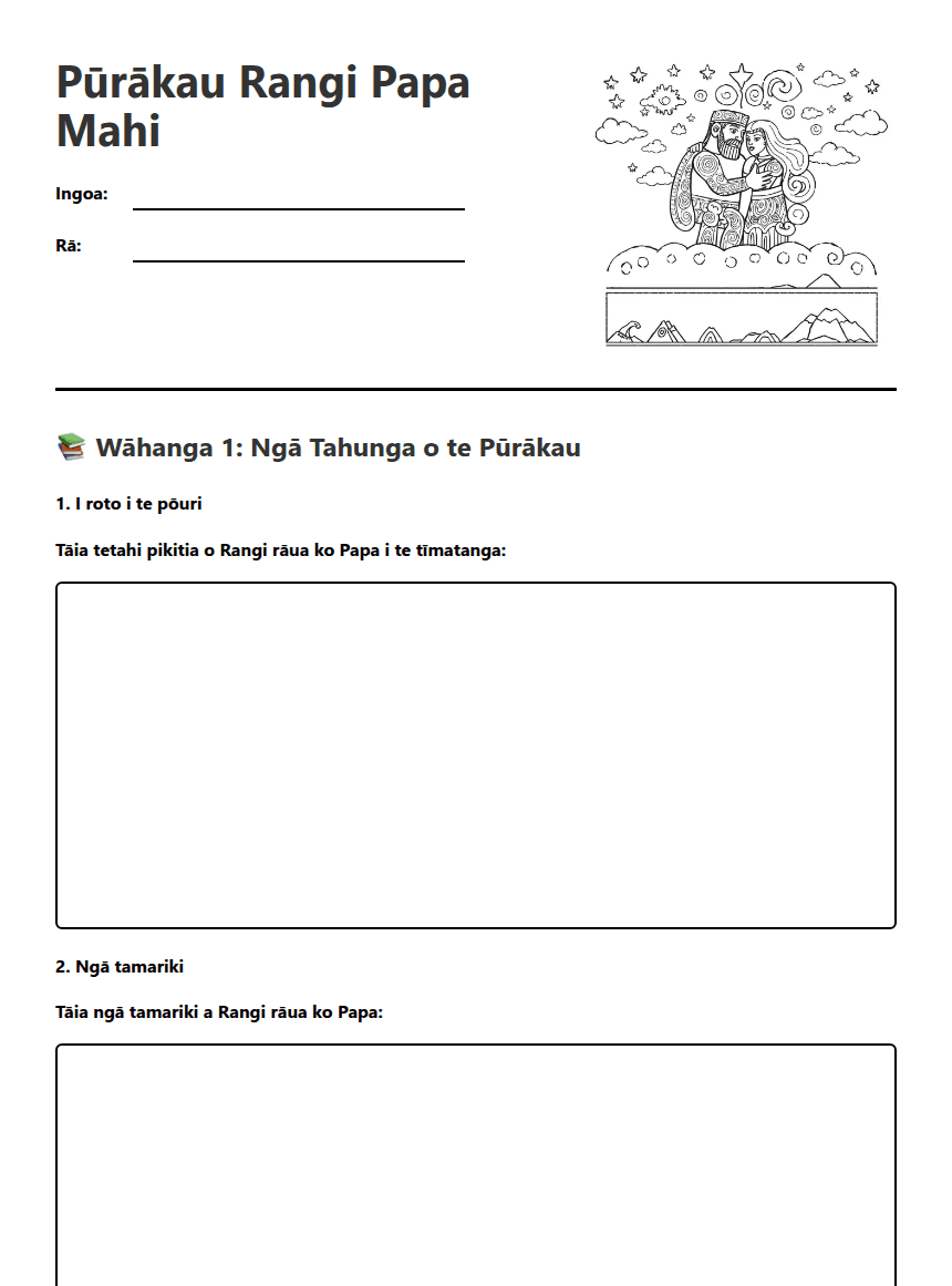 Pūrākau Rangi Papa Mahi worksheet preview