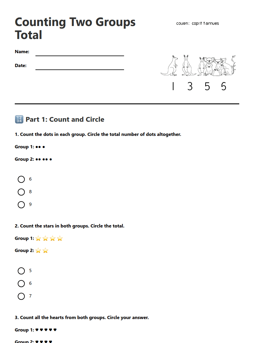 Counting Two Groups Total worksheet preview