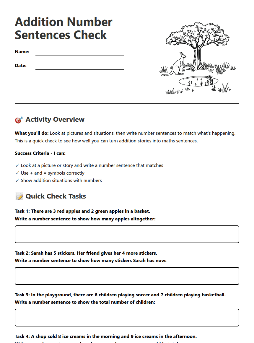 Addition Number Sentences Check worksheet preview