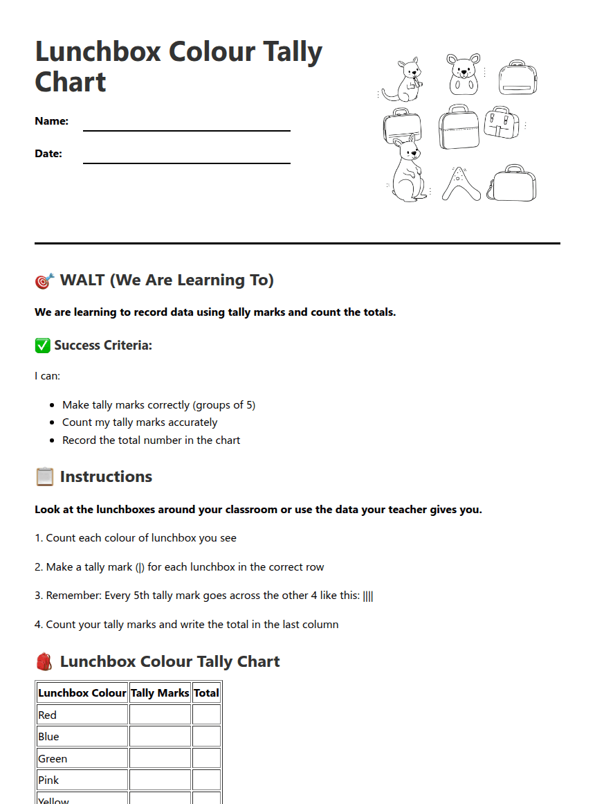 Lunchbox Color Tally Chart worksheet preview