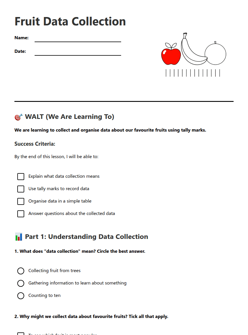 Fruit Data Collection worksheet preview