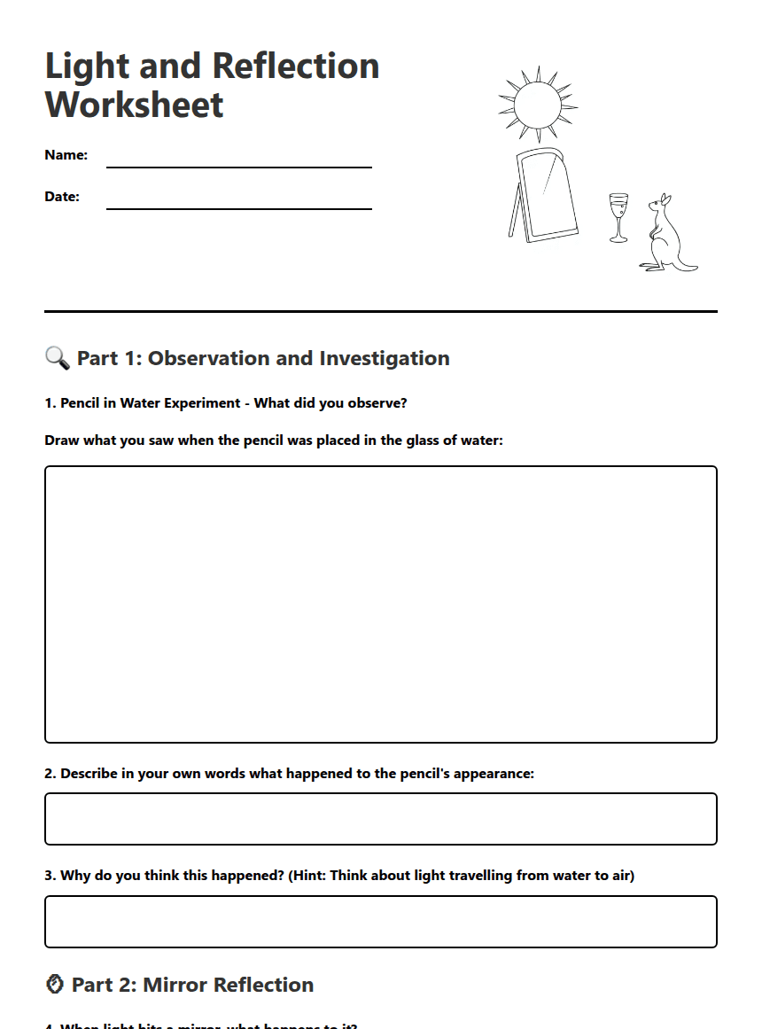 Light and Reflection Worksheet worksheet preview
