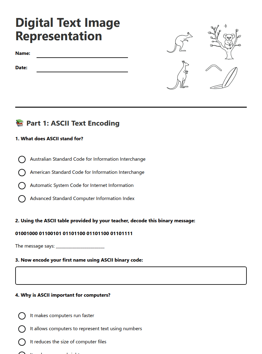 Digital Text Image Representation worksheet preview