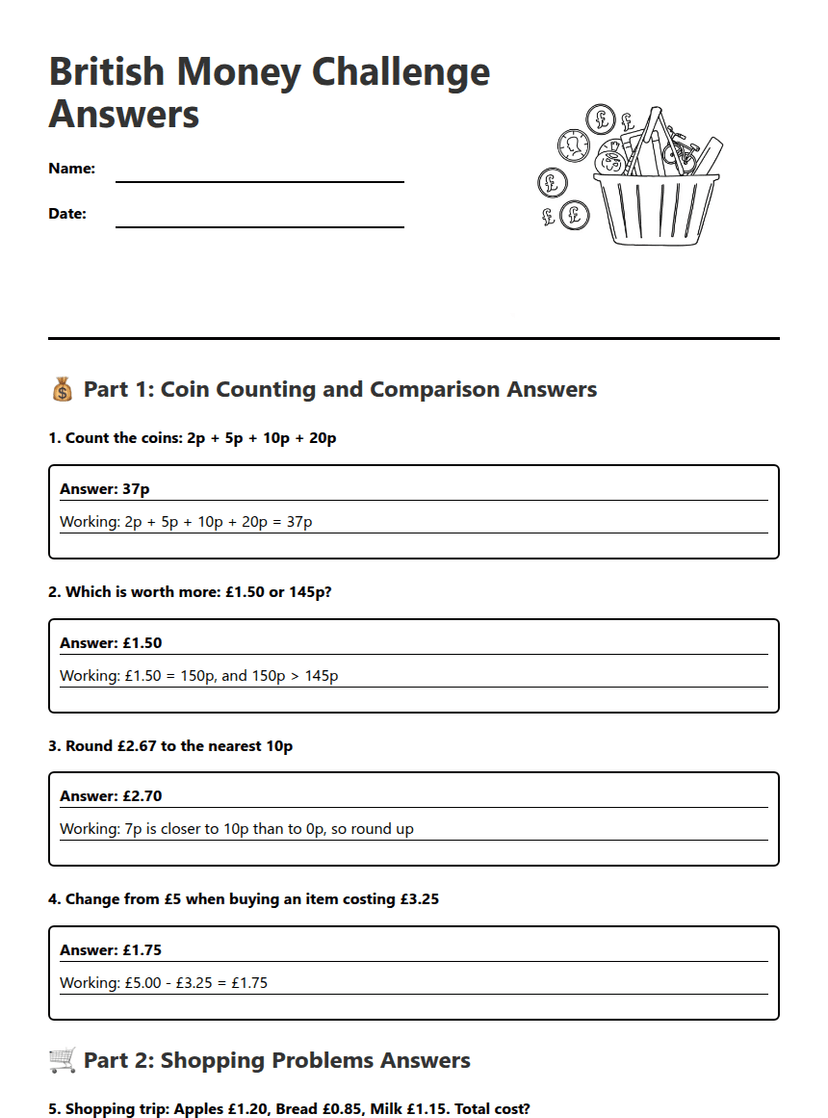 British Money Challenge Answers