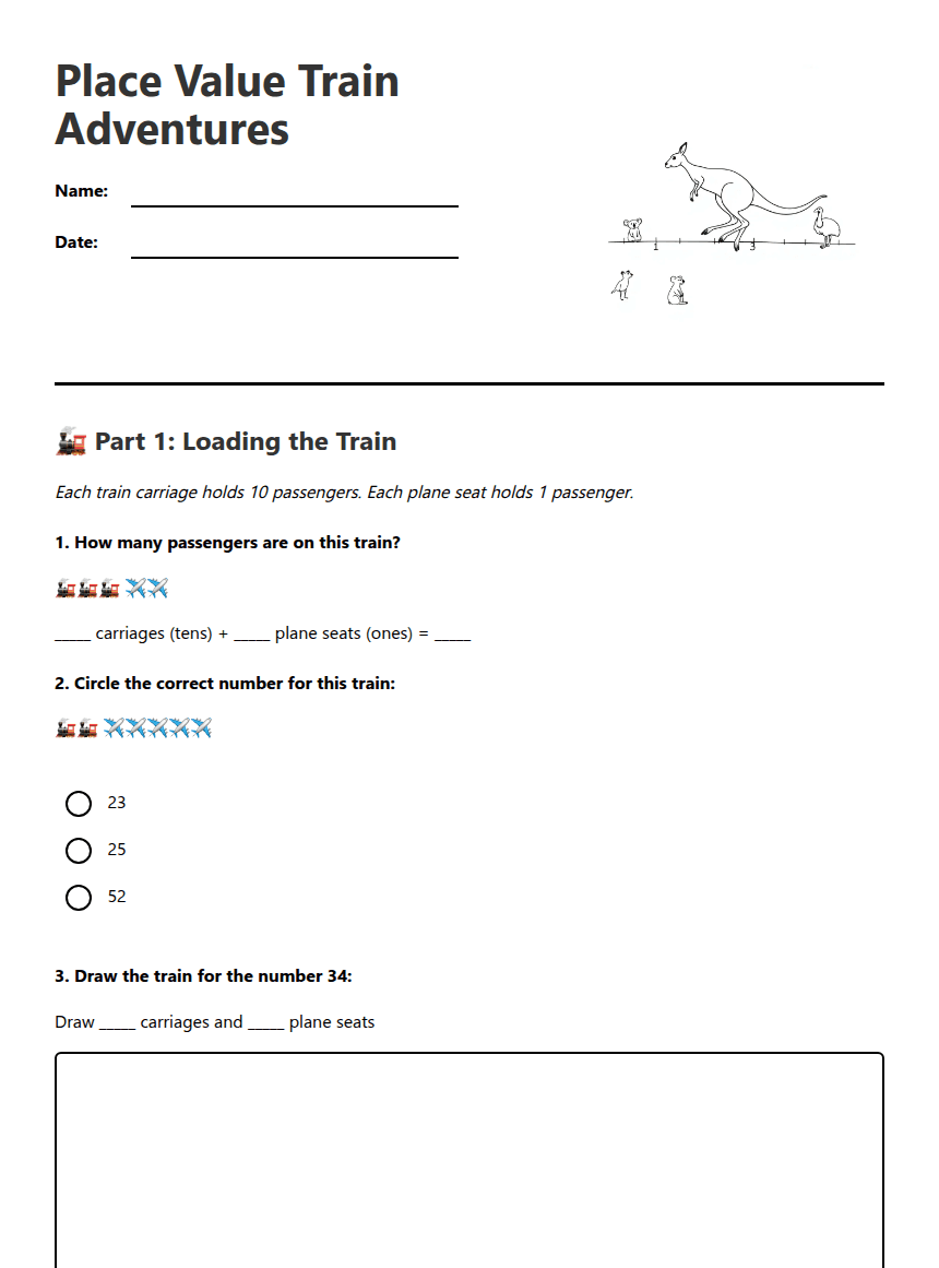 Place Value Train Adventures worksheet preview