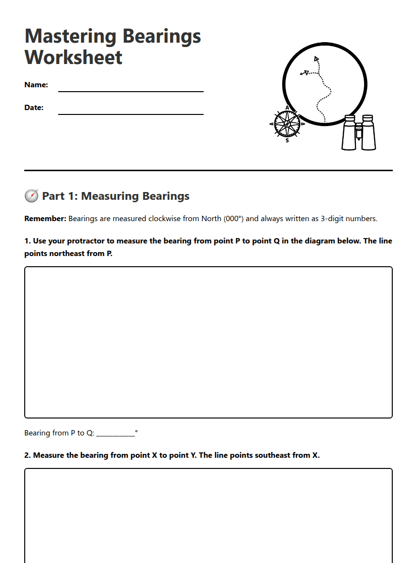 Mastering Bearings Worksheet worksheet preview
